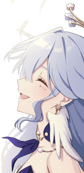 1girl aiga_ippai bare_shoulders blue_hair closed_eyes collar commentary_request cum cum_on_body detached_collar earrings facial feathers from_side halo head_wings honkai:_star_rail honkai_(series) jewelry long_hair open_mouth purple_collar robin_(honkai:_star_rail) simple_background smile solo upper_body white_background wings