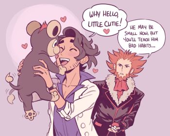 Rule 34 | ascot, black jacket, brown fur, brown hair, closed eyes, coat, effie lealand, english text, gen 6 pokemon, grey background, heart, holding, holding pokemon, jacket, lab coat, litleo, lysandre (pokemon), nintendo, open clothes, open coat, open mouth, orange hair, poke ball, poke ball (basic), pokemon, pokemon (creature), pokemon xy, professor sycamore, purple shirt, red ascot, shirt, short hair, simple background, speech bubble, teeth, upper teeth only, white coat