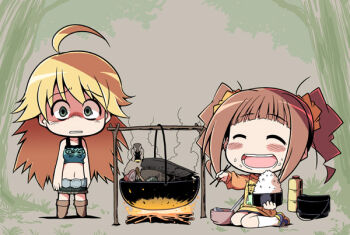 00s 2girls ahoge bad_id bad_pixiv_id bird blonde_hair blush brown_hair campfire chibi chopsticks disturbed duck eating closed_eyes fire food food_on_face green_eyes hanging hoshii_miki idolmaster idolmaster_(classic) idolmaster_1 long_hair midriff multiple_girls mushroom pot raglan_sleeves rice rice_on_face saliva serebi_ryousangata skirt smile takatsuki_yayoi thermos tree twintails upset