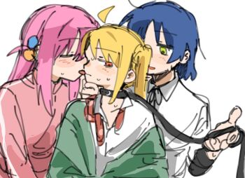 3girls ahoge blonde_hair blue_hair blush bocchi_the_rock! closed_eyes collar collared_shirt cube_hair_ornament dasuper_late girl_sandwich gotoh_hitori green_jacket hair_ornament holding holding_leash ijichi_nijika jacket leash licking licking_another&#039;s_face licking_another&#039;s_lips long_hair multiple_girls open_mouth pink_hair pink_jacket red_eyes sandwiched school_uniform shimokitazawa_high_school_uniform shirt short_hair side_ponytail simple_background smile track_jacket white_background white_shirt yamada_ryo yellow_eyes yuri