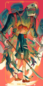 1girl black_jacket black_skirt bow bowtie brown_hair brown_shoes card_(medium) chain commentary english_commentary from_side gekkoukan_high_school_uniform gloves hair_ornament hairclip highres holding holding_polearm holding_weapon jacket kneehighs loafers looking_at_viewer naginata persona persona_(summon) persona_3 persona_3_portable polearm red_background red_bow red_eyes say0ran school_uniform shiomi_kotone shirt shoes short_hair skirt smile socks solo tarot tarot_(medium) thanatos_(persona) weapon white_gloves white_socks