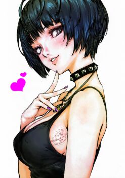 Rule 34 | absurdres, black hair, black tank top, blush, breasts, choker, cleavage, collar, commentary request, highres, jewelry, naughty face, necklace, oeilvert fft, persona, persona 5, persona 5 the royal, purple nails, short hair, sideboob, simple background, smile, spiked choker, spikes, studded choker, studded collar, takemi tae, tank top
