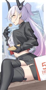 Rule 34 | absurdres, black jacket, black thighhighs, breasts, cleavage, closed eyes, commentary request, dango, demon horns, eating, fate/grand order, fate (series), food, highres, horns, jacket, large breasts, lilith (fate), lilith (over the same sky) (fate), open clothes, open jacket, pencil skirt, pink hair, ponytail, skirt, thighhighs, toukan, wagashi, white hair
