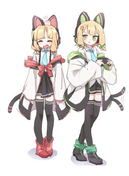 2girls :t anger_vein animal_ear_headphones animal_ears annoyed aqua_necktie art_study black_boots black_shorts black_skirt black_thighhighs blonde_hair blue_archive boots bow cat_ear_headphones cat_ears cat_tail closed_eyes closed_mouth controller fake_animal_ears fang full_body game_controller green_bow green_eyes hair_bow head_bump headphones highres holding holding_controller holding_game_controller jacket long_sleeves looking_at_viewer midori_(blue_archive) momoi_(blue_archive) multiple_girls necktie oekaki open_clothes open_jacket open_mouth pestchandesu pout red_boots red_bow shirt shorts siblings sidelocks simple_background sisters skirt smile suspender_skirt suspenders tail tail_wagging thighhighs twins white_background white_jacket white_shirt zettai_ryouiki