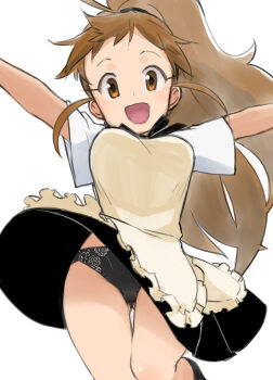 Rule 34 | 1girl, :d, absurdres, apron, bad id, bad pixiv id, beige apron, black panties, black skirt, black socks, breasts, brown eyes, brown hair, clothes lift, cowboy shot, employee uniform, female focus, frilled apron, frills, gluteal fold, highres, jumping, long hair, looking at viewer, ogihara mach, open mouth, panties, pantyshot, ponytail, shirt, simple background, skirt, skirt lift, smile, socks, solo, taneshima popura, thigh gap, underwear, very long hair, wagnaria uniform, waitress, white background, white shirt, wind, wind lift, working!!