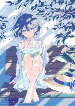 1girl akamoku barefoot bench book crossed_ankles hat original short_hair solo straw_hat