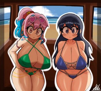 2girls arato_nagi arms_behind_back bare_shoulders beach bikini black_eyes black_hair blue_bikini blue_hair bracelet breasts cleavage cloud collarbone covered_erect_nipples crossover earrings eyewear_on_head flower green_bikini hair_flower hair_ornament hands_on_own_hips heart heart-shaped_eyewear hoop_earrings hozuki_kaede huge_breasts indoors jewelry long_hair looking_at_viewer miks381 multicolored_hair multiple_girls necklace onii-chan_wa_oshimai! open_mouth outline pink-tinted_eyewear pink_eyes pink_hair ponytail red_flower ruri_no_houseki sidelocks signature sky sunglasses swimsuit tinted_eyewear two-tone_hair water white_outline window yellow_flower