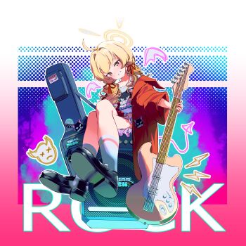 1girl absurdres ahoge animal_print black_shoes blonde_hair blue_archive blush cat_print commentary crossed_legs electric_guitar grin guitar halo highres holding holding_guitar holding_instrument instrument jacket low_twintails moelava official_alternate_costume official_alternate_hairstyle open_clothes open_jacket pink_skirt red_jacket shirt shoes sitting skirt smile socks solo symbol-only_commentary twintails white_shirt white_socks yellow_eyes yellow_halo yoshimi_(band)_(blue_archive) yoshimi_(blue_archive)