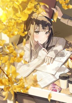 1girl 1other adversarial_noise arm_rest autumn_leaves black_eyes black_hair blurry blurry_foreground blush book branch brown_hairband closed_mouth commentary_request cup dappled_sunlight disposable_coffee_cup disposable_cup falling_leaves fingernails hairband holding holding_book holding_pencil kagachi_saku leaf long_hair long_sleeves looking_at_viewer notebook original pencil signature sitting sleeves_past_wrists smile solo_focus sunlight sweater watermark web_address white_sweater