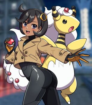1girl ampharos ass black_hair blush bodysuit collectibles.kevin cropped_jacket dark-skinned_female dark_skin emma_(pokemon) gen_2_pokemon gloves long_sleeves mega_ampharos mega_pokemon nintendo poke_ball pokemon pokemon_legends:_z-a purple_eyes short_hair teeth upper_teeth_only