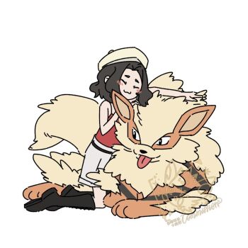 Rule 34 | 1girl, :3, animal hands, arcanine, black eyes, black hair, black shoes, blush, closed eyes, deformed, dog, full body, gen 1 pokemon, hat, looking at another, nintendo, orange fur, pokemon, pokemon (creature), red shirt, robinlovesop, shirt, shoes, shorts, simple background, sitting, tongue, tongue out, white background, white shorts, yellow fur, yellow hat