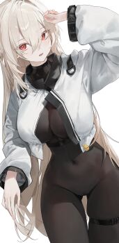 1girl absurdres artist_request belt bodysuit breasts bright_pupils brown_bodysuit cameltoe check_artist cleavage colored_eyelashes commission covered_navel cowboy_shot cropped_jacket hair_between_eyes highres jacket large_breasts lethe_rin long_hair long_sleeves looking_at_viewer open_clothes open_jacket open_mouth original orn red_eyes second-party_source see-through_cleavage see-through_clothes simple_background skindentation solo thigh_belt thigh_gap thigh_strap very_long_hair white_background white_hair white_jacket