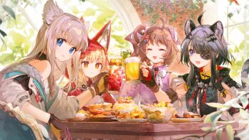 Rule 34 | -copyright name, 4girls, :d, ^ ^, ahoge, animal ears, ardelia (arknights), arknights, arknights: endfield, banned artist, bare shoulders, beer mug, bird ears, bird girl, black gloves, black hair, black jacket, blonde hair, blue eyes, bow, bowtie, brown eyes, brown gloves, brown hair, closed eyes, closed mouth, copyright name, cup, dress, extra ears, eyepatch, female focus, fingerless gloves, food, gloves, grey hair, hair ornament, hairpin, highres, holding, holding cup, horns, indoors, jacket, juice, logo, long hair, looking at viewer, mug, multiple girls, namie-kun, one eye closed, open mouth, perlica (arknights), plate, purple shirt, rossi (arknights), sheep girl, sheep horns, shirt, side ponytail, sleeveless, sleeveless jacket, sleeveless shirt, smile, table, tangtang (arknights), tiger ears, tiger girl, white bow, white dress, white jacket, wolf ears, wolf girl