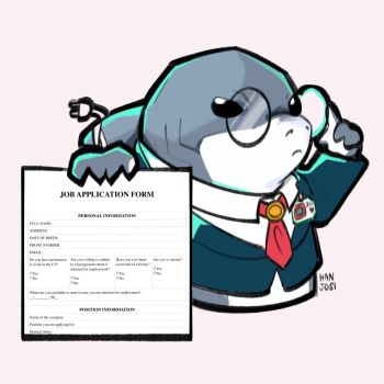 Rule 34 | adjusting eyewear, bespectacled, blue jacket, cable, commentary, creature, creature focus, english commentary, english text, frown, gills, glasses, hanjosi, highres, holding, holding paper, jacket, jeff (marvel), job application form (meme), looking at viewer, marvel, marvel rivals, meme, necktie, official alternate costume, paper, red necktie, round eyewear, shark, shirt, solo, white background, white shirt