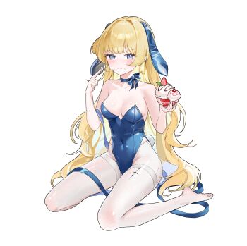 Rule 34 | 1girl, :q, absurdres, animal ears, bare shoulders, blonde hair, blue eyes, blue leotard, blue ribbon, blush, breasts, chuvi y, closed mouth, commentary, covered navel, cream, cream on face, cream on finger, english commentary, fake animal ears, food, food on face, highleg, highleg leotard, highres, holding, holding food, holding ice cream, ice cream, leotard, long hair, looking at viewer, medium breasts, neck ribbon, no shoes, phoebe (wuthering waves), playboy bunny, rabbit ears, rabbit tail, ribbon, simple background, sitting, smile, solo, strapless, strapless leotard, tacet mark (wuthering waves), tail, thighhighs, tongue, tongue out, very long hair, wariza, white background, white thighhighs, wuthering waves