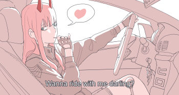1girl absurdres blue_eyes car_interior commentary darling_in_the_franxx drive_(movie) english_commentary english_text fingerless_gloves gloves grey_gloves grey_jacket heart highres horns jacket kjlbs lollipop_in_mouth long_hair pink_hair red_horns solo spoken_heart subtitled zero_two_(darling_in_the_franxx)