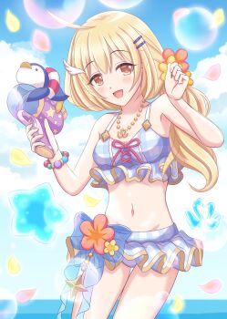 1girl absurdres ahoge bead_bracelet beads bikini blonde_hair blue_bikini bracelet breasts clear_(princess_connect!) clear_(summer)_(princess_connect!) feather_hair_ornament feathers frilled_bikini frills hair_ornament hairclip highres holding holding_water_gun horizon jewelry long_hair looking_at_viewer low_ponytail medium_breasts nattsu_(nattsu_shiro) navel necklace ocean open_mouth parallel_hairclips plaid_bikini plaid_clothes ponytail princess_connect! smile solo swimsuit water_gun yellow_eyes