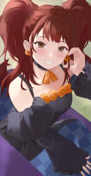 1girl black_dress brown_eyes brown_hair demon_wings dress earrings food-themed_earrings food_themed_earrings half-heart_hands halloween_costume highres jewelry konchi_(63438789) kujikawa_rise light_blush looking_at_viewer off-shoulder_dress off_shoulder persona persona_4 pumpkin_earrings smile solo twintails wings