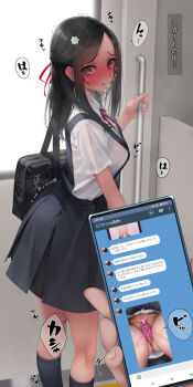 1boy 1girl bag bdsm black_eyes black_hair black_skirt blush bondage bound bound_torso breast_bondage breasts cellphone crotch_rope dildo flower full-face_blush hair_flower hair_ornament hair_ribbon highres holding holding_phone long_hair looking_at_viewer medium_breasts murakami_suigun navel nipples object_insertion open_mouth original phone pov pov_hands public_indecency public_vibrator rabbit_vibrator ribbon rope school_bag school_uniform selfie sex_toy shibari shibari_under_clothes shirt short_sleeves skirt smartphone solo_focus sweat train train_interior translation_request vaginal vaginal_object_insertion vibrator white_shirt