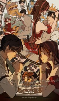 absurdres birthday commentary cosplay costume_switch english_commentary eye_contact flat_color happy_birthday highres hug looking_at_another multiple_views necktie profile red_eyes red_hair red_necktie vest watch wristwatch xiabai