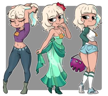 Rule 34 | 1girl, adjusting hair, alternate costume, ass, blonde hair, boots, breasts, cleavage, denim, denim shorts, dress, green eyes, half-closed eyes, hand on own hip, high heels, highres, jackie lynn thomas, jeans, large breasts, long sleeves, looking at viewer, looking back, makeup, medium hair, midriff, multiple views, navel, pants, ponytail, shirt, shorts, sideboob, smile, star vs the forces of evil