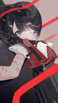 aegyo_sal ame-chan_(needy_girl_overdose) black-haired_demon_girl_(shimmer) black_eyes dutch_angle hair_over_one_eye head_tilt highres implied_self-harm looking_at_viewer lying mika3kami neck_ribbon needy_girl_overdose on_back on_floor red_ribbon red_shirt ribbon self-harm_scar shirt skirt suspender_skirt suspenders upper_body winged_sleeves