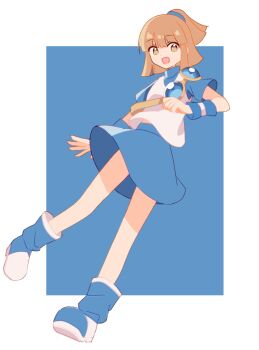 arle_nadja arm_warmers armor blue_boots blue_skirt boots breastplate brown_eyes brown_hair high_ponytail highres looking_at_viewer madou_monogatari minagi_379 multicolored_boots open_mouth ponytail puyopuyo shoulder_armor sidelocks simple_background skirt two-tone_background two-tone_boots