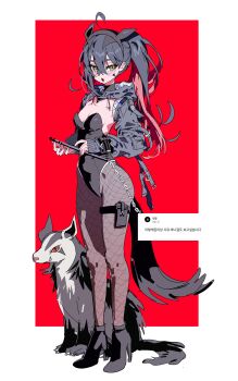 1girl 5oh5s2 :o absurdres alternate_hairstyle animal_ears black_hair black_leotard blush breasts carmine_(pokemon) dog_ears fake_animal_ears fishnet_pantyhose fishnets full_body gen_3_pokemon hair_between_eyes high_heels highres leotard long_hair looking_at_viewer mightyena multicolored_hair nintendo open_mouth pantyhose pokemon pokemon_(creature) pokemon_sv ponytail red_hair standing strapless strapless_leotard two-tone_hair yellow_eyes