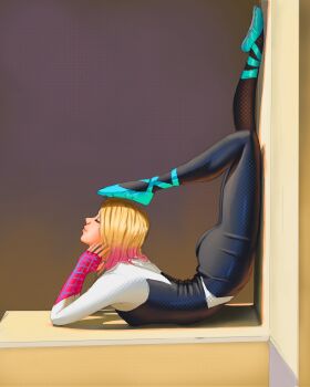 1girl ass blonde_hair breasts closed_eyes elbow_rest flexible from_side gradient_hair gwen_stacy highres indoors josival lying marvel medium_hair multicolored_bodysuit multicolored_hair on_stomach pink_hair skin_tight small_breasts solo spider-gwen spider-man_(series) two-tone_bodysuit two-tone_hair yoga yoga_mat
