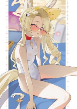 1girl :p absurdres animal_ear_fluff animal_ears bare_arms bare_legs bare_shoulders beach blonde_hair blue_archive breasts closed_mouth clothing_cutout collarbone covered_navel cross_halo diamond_cutout dot_nose feet_out_of_frame fox_ears fox_girl fox_tail gradient_eyes hair_over_shoulder halo highleg highleg_one-piece_swimsuit highres legs_apart light_blush loli long_hair looking_at_viewer multicolored_eyes no_jacket one-piece_swimsuit orange-tinted_eyewear outdoors seia_(blue_archive) seia_(swimsuit)_(blue_archive) sercet side_ponytail sitting small_breasts smile solo star_ornament sunglasses swimsuit tail tail_ornament thighs tinted_eyewear tongue tongue_out very_long_hair very_long_tail visor_cap white_one-piece_swimsuit yellow_eyes yellow_halo yellow_visor