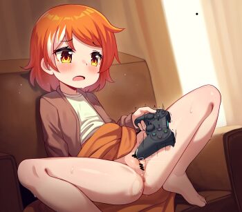 1girl absurdres bar_censor barefoot blush censored controller female_masturbation highres huge_filesize indoors loli luxuriou_s masturbation multicolored_hair open_mouth orange_hair original pussy shirt short_hair skirt solo spread_legs
