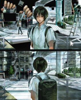 3boys absurdres bag black_eyes black_hair building buttons character_request closed_mouth collared_shirt copyright_request crosswalk cursor day expressionless fingernails highres ikuta41 ladder lips looking_at_viewer male_focus multiple_boys outdoors road road_sign school_bag shirt short_sleeves sign street sunlight upper_body white_shirt