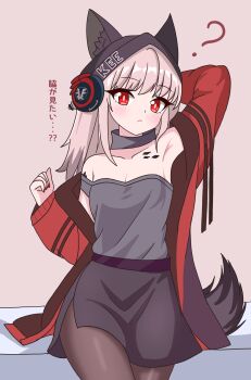 1girl :< ? absurdres animal_ears arknights arm_behind_head armpits bare_shoulders behind-the-head_headphones black_hat black_shirt black_skirt black_tail blush breasts bright_pupils brown_pantyhose cleavage closed_mouth clothes_writing collarbone commentary cowboy_shot eggplant7217 fingernails frostleaf_(arknights) hat headphones highres jacket long_hair long_sleeves looking_at_viewer material_growth miniskirt nail_polish oripathy_lesion_(arknights) pantyhose pink_background pink_hair presenting_armpit red_eyes red_jacket red_nails shirt side_slit simple_background skirt small_breasts solo tail translation_request white_pupils