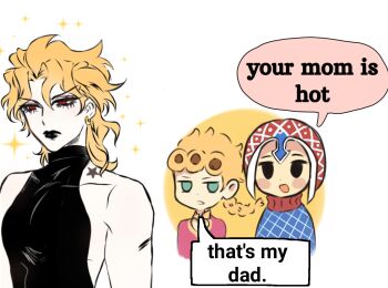 3boys argyle_clothes argyle_sweater birthmark blonde_hair braid commentary dio_brando ear_birthmark earrings english_commentary english_text giorno_giovanna green_eyes guido_mista hat highres jewelry joestar_birthmark jojo_no_kimyou_na_bouken lipstick long_hair makeup meme multiple_boys open_mouth school_uniform smile speech_bubble stardust_crusaders sweater vampire vento_aureo