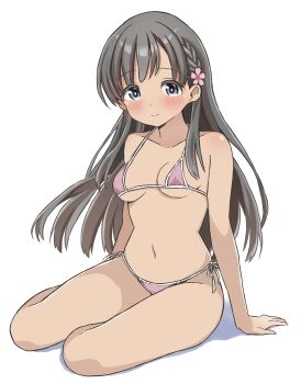 1girl absurdres arm_support bikini blush breasts collarbone commentary_request flower full_body grey_eyes grey_hair hair_flower hair_ornament hair_over_shoulder halterneck highres idolmaster idolmaster_cinderella_girls kobayakawa_sae long_hair looking_at_viewer micro_bikini navel ohana._(komachi) pink_bikini pink_flower shadow side-tie_bikini_bottom sidelocks simple_background small_breasts smile speech_bubble stomach string_bikini swimsuit thighs white_background