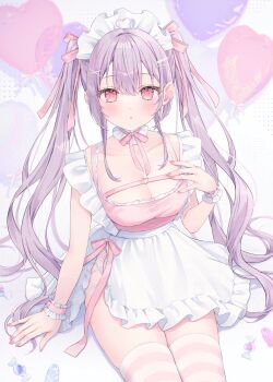 1girl :o ahoge apron balloon bow bowtie breasts candy chest_strap cleavage dress food hair_bow hair_ornament hairpin hand_on_own_chest heart heart_ahoge heart_balloon heart_o-ring highres large_breasts long_hair looking_at_viewer maid_headdress o-ring original pink_bow pink_bowtie pink_dress pink_eyes pink_nails purple_hair shano_hiyori sitting solo striped_clothes striped_thighhighs thighhighs twintails white_apron white_background wrist_cuffs x_hair_ornament