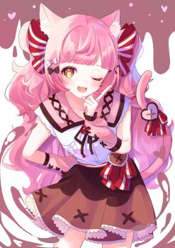 1other ;d absurdres animal_ear_fluff animal_ears blunt_bangs blush bow breast_pocket brown_bow brown_ribbon brown_skirt cat_ears cat_tail commission cowboy_shot cross-laced_armwear cross-laced_collar hair_bow hand_on_own_hip heart highres index_finger_raised long_hair magical_star_(millie_(mahoustars)) miniskirt neck_ribbon noa_ilst one_eye_closed open_mouth original other_focus pink_arm_warmers pink_hair pocket red_bow red_ribbon ribbon shirt sidelocks skirt smile solo star_(symbol) star_in_eye striped_bow symbol_in_eye tail tail_ornament tail_ribbon twintails very_long_hair waist_ribbon wavy_hair white_bow white_shirt yellow_eyes