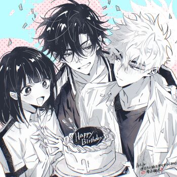 1girl 2boys :d arm_around_shoulder artist_name birthday birthday_cake black_hair blunt_bangs blush cake candle cheng_xiaoshi closed_mouth collared_shirt confetti dated dream-storys food greyscale greyscale_with_colored_background grin hair_between_eyes hand_on_another&#039;s_shoulder happy_birthday holding holding_plate jacket long_hair lu_guang medium_hair monochrome multicolored_jacket multiple_boys open_clothes open_jacket open_mouth own_hands_together plate qiao_ling shiguang_dailiren shirt short_hair short_sleeves smile twitter_username undershirt upper_body white_hair
