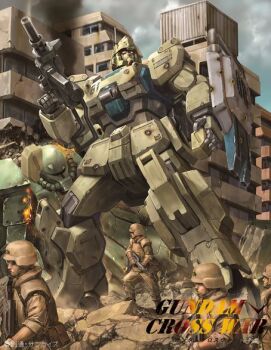 4boys ammunition_box artist_request assault_rifle bulletproof_vest cable cloud cloudy_sky combat_helmet copyright_notice damaged dirty earth_federation gun gundam gundam_08th_ms_team gundam_cross_war gundam_ez8 helmet logo machine_gun machinery mecha military_uniform mobile_suit multiple_boys official_art painting_(medium) realistic reloading rifle robot ruins scan science_fiction shield sky smoke soldier title traditional_media weapon window wreckage zaku_ii zeon