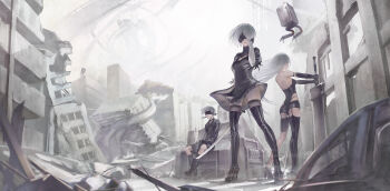 1boy 2b_(nier:automata) 2girls 9s_(nier:automata) a2_(nier:automata) absurdres android ass back_cutout bag bare_shoulders black_dress black_gloves black_hairband black_thighhighs blindfold boots breasts car choker cityscape clothing_cutout commentary covered_eyes dress elbow_gloves expressionless facing_away facing_viewer feather-trimmed_sleeves feather_trim gloves hairband high_heel_boots high_heels highres holding holding_sword holding_weapon jliaan joints juliet_sleeves katana long_hair long_sleeves medium_breasts mole mole_under_mouth motor_vehicle multiple_girls nier:automata nier_(series) overgrown puffy_sleeves robot_joints ruins scenery short_hair shorts sitting standing sword thighhighs thighhighs_under_boots tree virtuous_contract weapon white_hair wide_shot