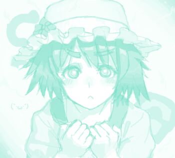 1girl :< aouma aqua_theme bad_drawr_id bad_id blush clenched_hands drawr eyebrows female_focus frown green_theme hat looking_at_viewer monochrome oekaki ringed_eyes science_adventure shiina_mayuri short_hair solo steins;gate bad_tag