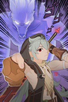 1boy absurdres facial_scar genshin_impact grey_hair hair_between_eyes highres hood hood_up jojo_reference looking_at_viewer male_focus parody pointing pointing_at_viewer razor_(genshin_impact) red_eyes renpinart scar scar_on_cheek scar_on_face serious solo spiked_hair wolf wolf_boy