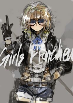 1girl belt black_gloves black_jacket blue_ribbon blush brown_hair closed_mouth copyright_name cowboy_shot custom_(cus-tom) denim denim_shorts facing_viewer girls&#039;_frontline gloves grey_background grizzly_mkv_(girls&#039;_frontline) hand_on_own_hip index_finger_raised jacket neck_ribbon ribbon shirt short_shorts shorts simple_background solo sunglasses white_shirt