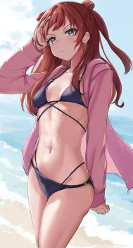 1girl :/ absurdres beach bikini black_bikini blue_eyes breasts brown_hair commentary_request gakuen_idolmaster halterneck hanami_saki highres idolmaster jacket long_hair looking_at_viewer miyama_mizuki_(hoshihoshi1220) navel open_clothes open_jacket outdoors pink_jacket small_breasts solo stomach swimsuit thighs