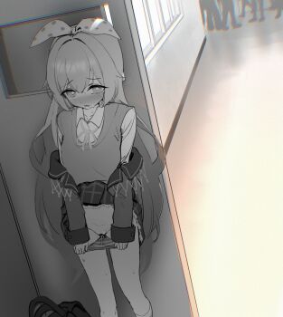 1girl absurdres artist_request blush collared_shirt commentary_request commission hallway hiding highres indoors jacket jacket_partially_removed korean_commentary long_hair neck_ribbon original panties panty_pull parted_lips pulling_own_clothes pussy_juice ribbon school second-party_source shirt solo_focus standing sweater_vest underwear very_long_hair