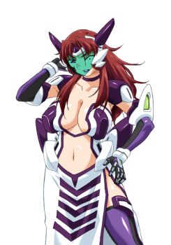 1girl akanejima_ranga armor breasts brown_hair center_opening choker cleavage collarbone dress elbow_gloves face_shield game_cg gan-chan_(artist) gloves hand_on_own_hip headgear hitozuma_sentai_aisaiger large_breasts large_variant_set lipstick long_hair magical_girl makeup mecha_musume midriff navel non-web_source official_art one_eye_closed parted_bangs pelvic_curtain purple_eyes purple_lips purple_thighhighs red_hair saiger_orchid side_slit solo standing thighhighs transparent_background variant_set