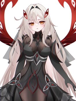 Rule 34 | 1girl, armpit crease, artist name, black dress, black skin, black veil, blonde hair, blush, breasts, colored skin, commentary, dress, embarrassed, eye symbol, floating, genshin impact, gradient hair, hair between eyes, hair intakes, hair ornament, head tilt, highres, kino (curry pan), long hair, looking at viewer, multicolored hair, multicolored skin, orange eyes, parted lips, red wings, revision, ronova (genshin impact), shoulder pads, simple background, skin tight, solo, symbol-shaped pupils, twitter username, two-tone hair, two-tone skin, upper body, veil, wavy hair, white background, wings