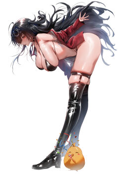 Rule 34 | 1girl, absurdres, azur lane, bent over, bikini, black bikini, black choker, black hair, boots, breasts, choker, crossed bangs, dated commentary, eyewear on head, hanging, high heel boots, high heels, highleg, highleg bikini, highres, jacket, large breasts, long hair, manjuu (azur lane), multi-strapped bikini bottom, official alternate costume, race queen, red eyes, red jacket, rororo, simple background, sunglasses, swimsuit, taihou (azur lane), taihou (enraptured companion) (azur lane), very long hair, white background