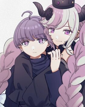 1boy 1girl ahoge black_flower black_horns blue_jacket braid closed_mouth crown flower grey_hair hair_flower hair_ornament hand_up highres horns hug hug_from_behind jacket long_hair long_sleeves looking_at_viewer master_detective_archives:_rain_code mero_(merope_hika) multicolored_hair pink_hair purple_eyes purple_hair shinigami_(rain_code) short_hair simple_background smile streaked_hair symbol_in_eye twin_braids upper_body very_long_hair white_background yuma_kokohead