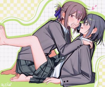 2girls barefoot between_legs blue_eyes blue_hair blush braid brown_hair chinese_commentary collared_shirt commentary_request haidao_mao half_up_braid hand_on_another&#039;s_mouth hand_on_another&#039;s_shoulder heart hickey highres jacket jewelry long_hair long_sleeves medium_hair miyagi_shiori multiple_girls necklace necktie open_mouth purple_eyes school_uniform sendai_hazuki shirt short_hair shuuniichido_classmate_wo_kau_hanashi skirt white_shirt yuri